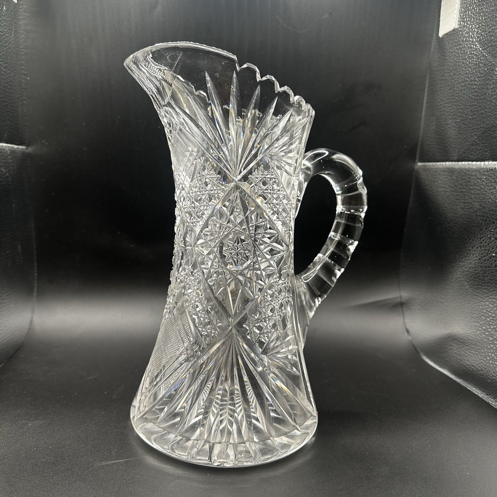 Antique American Brilliant Period Hand Cut Lead Crystal Pitcher Heavy 9.75" Tall